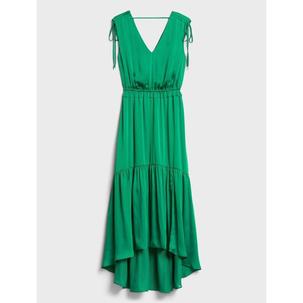 Banana Republic 4‎ Emerald Green Satin High Low Tiered Tie Sleeveless Dress Maxi